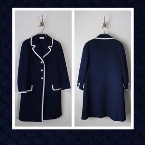 Vintage Butte Knit Navy Blue Pea Coat with White Trim